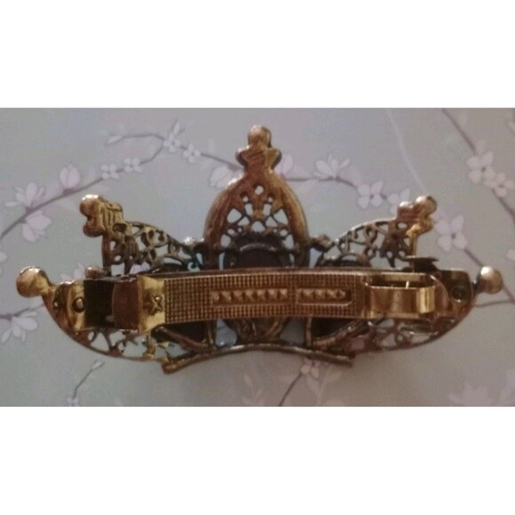 Large Jeweled Ornate Design Hair Clip Rhinestone Crown Black Bronze Elegant NIP - Picture 4 of 5